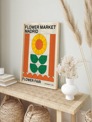 Flower Market Madrid poster with a retro geometric sunflower design in orange, yellow, and green on a beige background. - Image 4