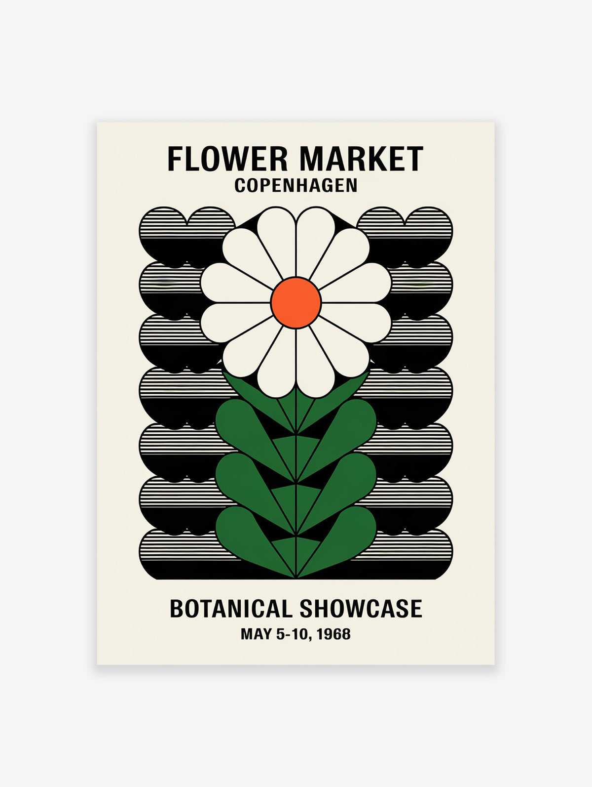 Vintage Flower Market Copenhagen poster featuring a stylized white daisy with an orange center and green leaves on a black and cream background.