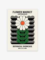 Vintage Flower Market Copenhagen poster featuring a stylized white daisy with an orange center and green leaves on a black and cream background.