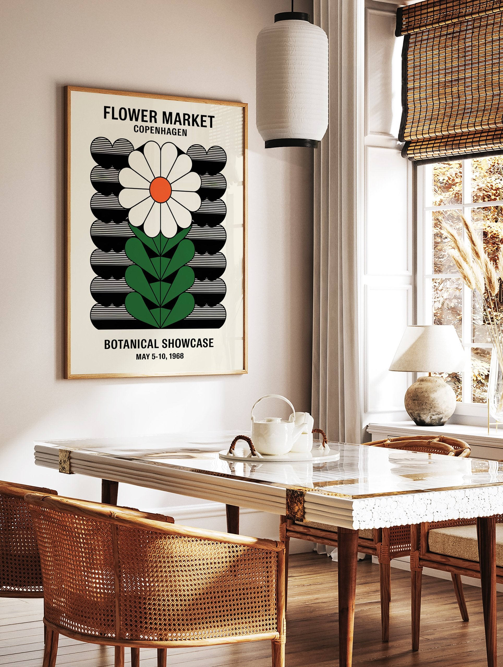 Vintage Flower Market Copenhagen poster featuring a stylized white daisy with an orange center and green leaves on a black and cream background. - Image 2