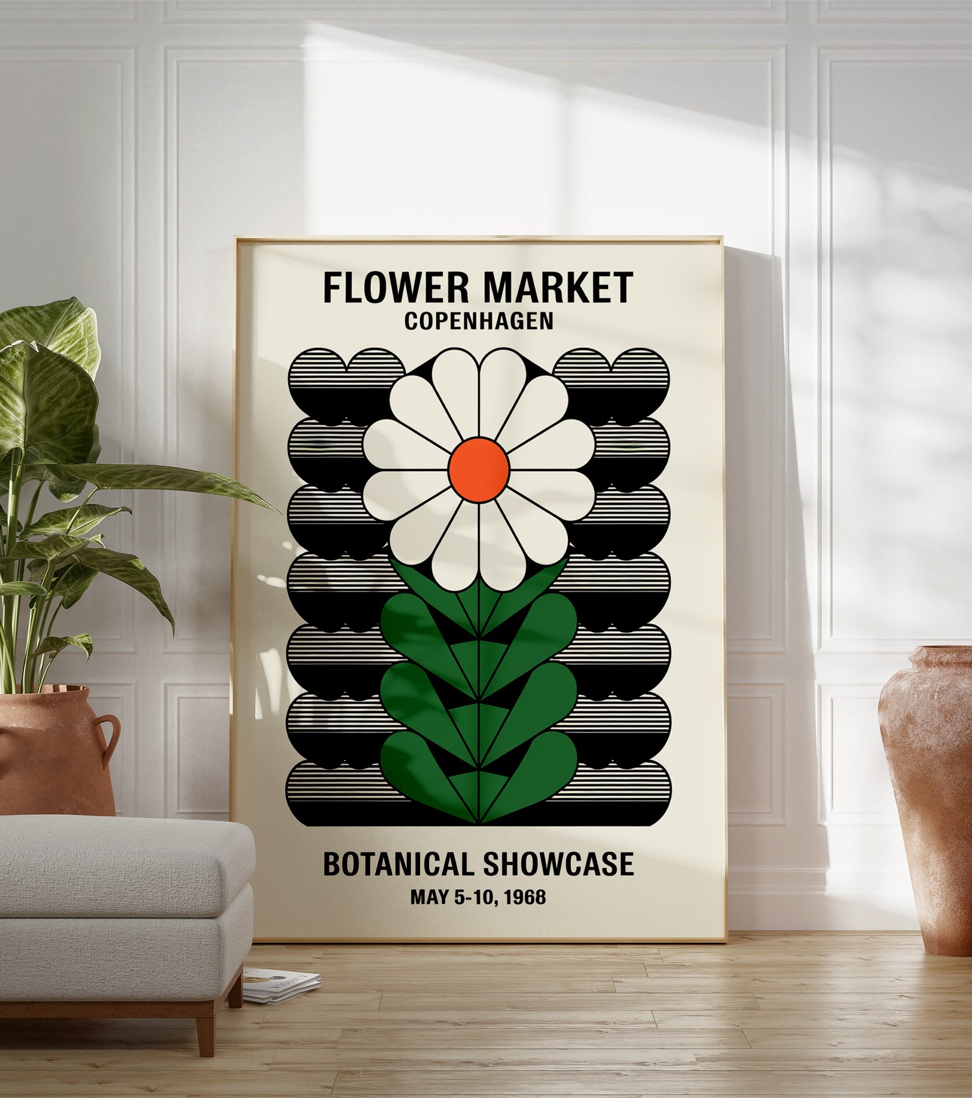 Vintage Flower Market Copenhagen poster featuring a stylized white daisy with an orange center and green leaves on a black and cream background. - Image 3