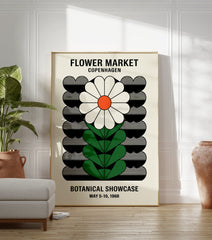 Vintage Flower Market Copenhagen poster featuring a stylized white daisy with an orange center and green leaves on a black and cream background. - Image 3