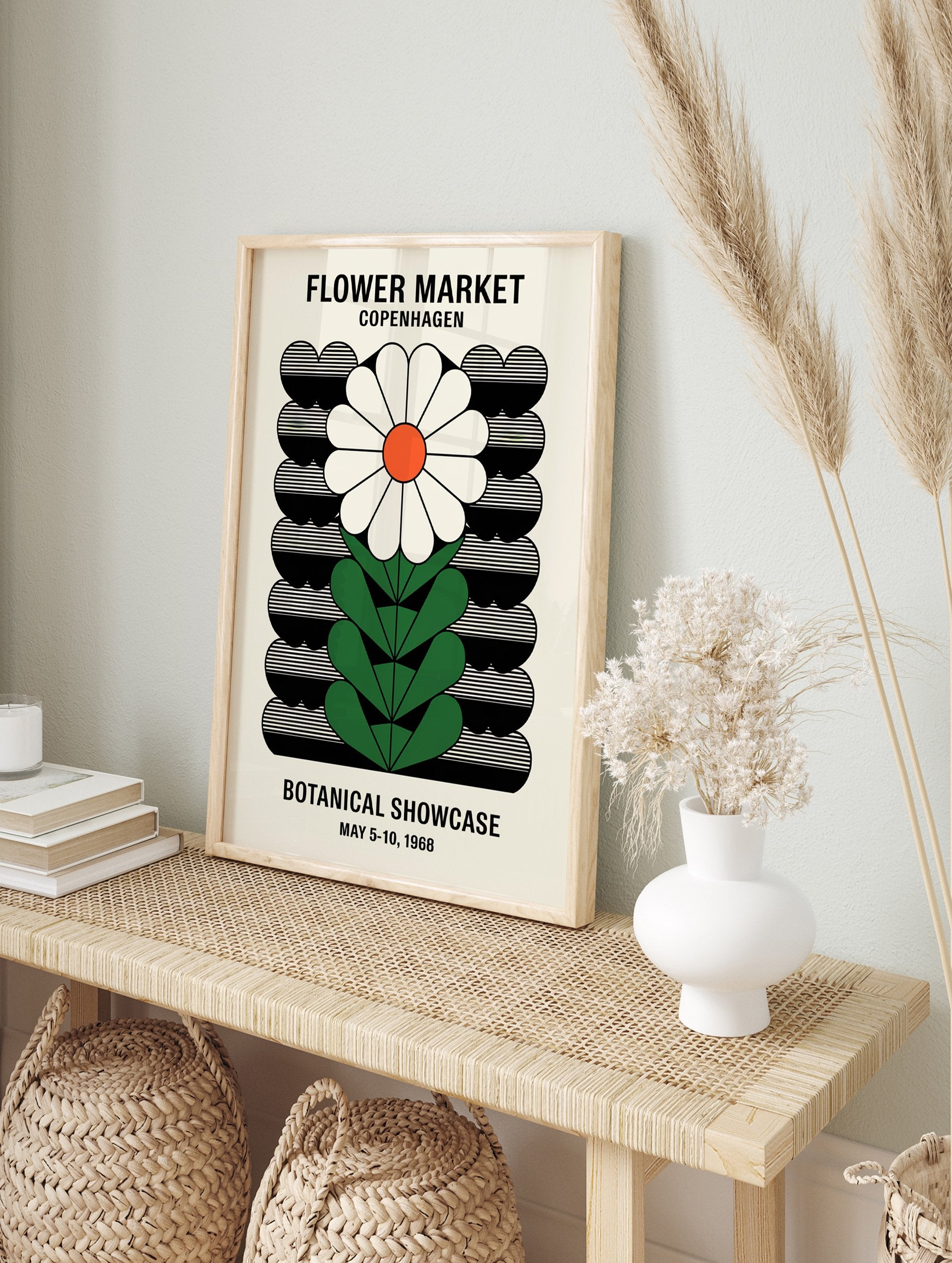Vintage Flower Market Copenhagen poster featuring a stylized white daisy with an orange center and green leaves on a black and cream background. - Image 4