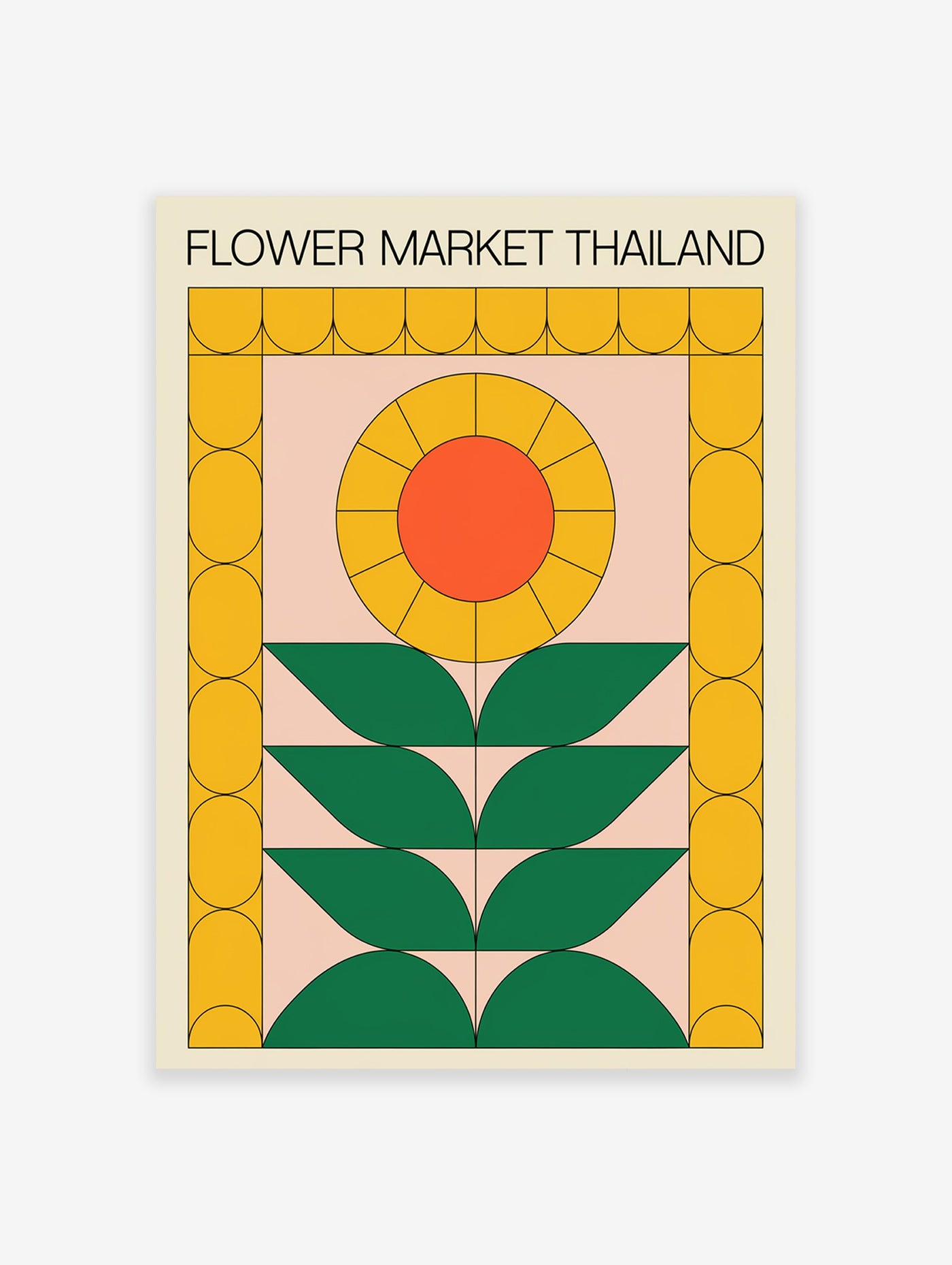 Flower Market Thailand poster with a retro geometric design featuring a yellow and orange sunflower and green leaves on a pink background.