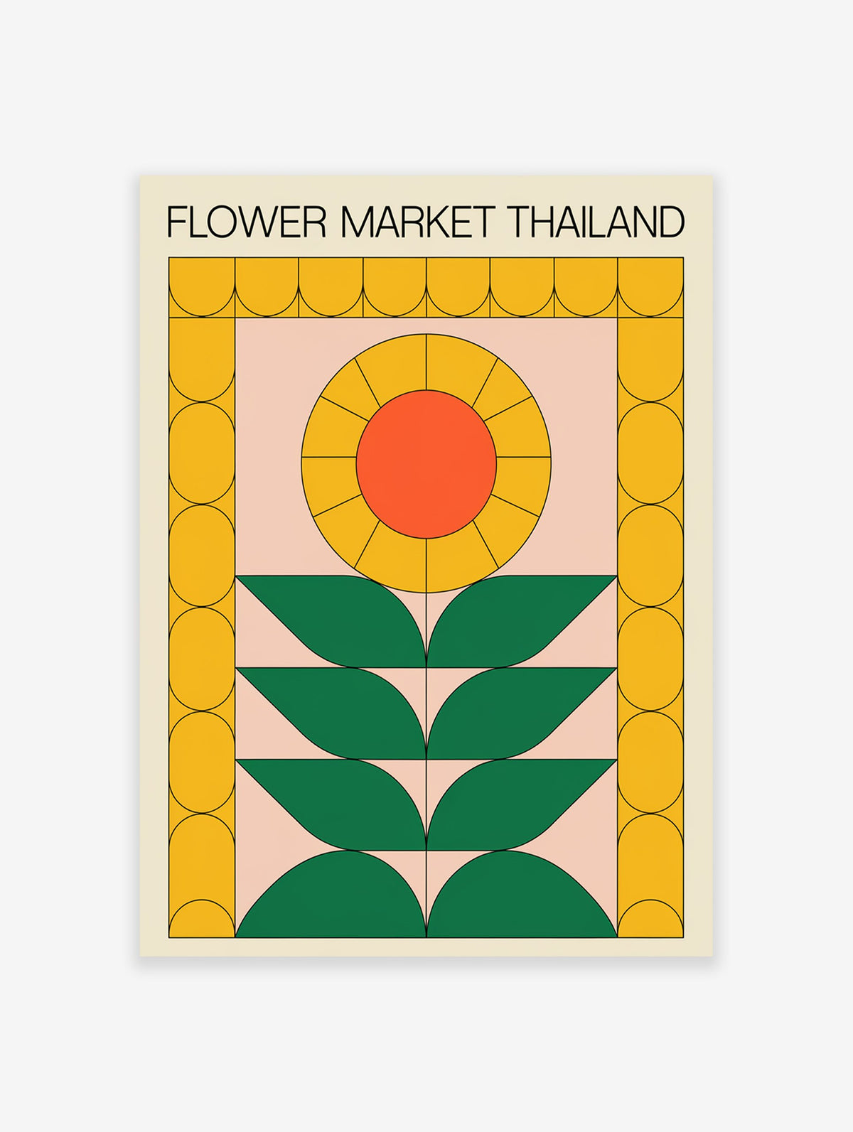 Flower Market Thailand poster with a retro geometric design featuring a yellow and orange sunflower and green leaves on a pink background.