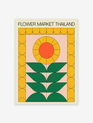 Flower Market Thailand poster with a retro geometric design featuring a yellow and orange sunflower and green leaves on a pink background.