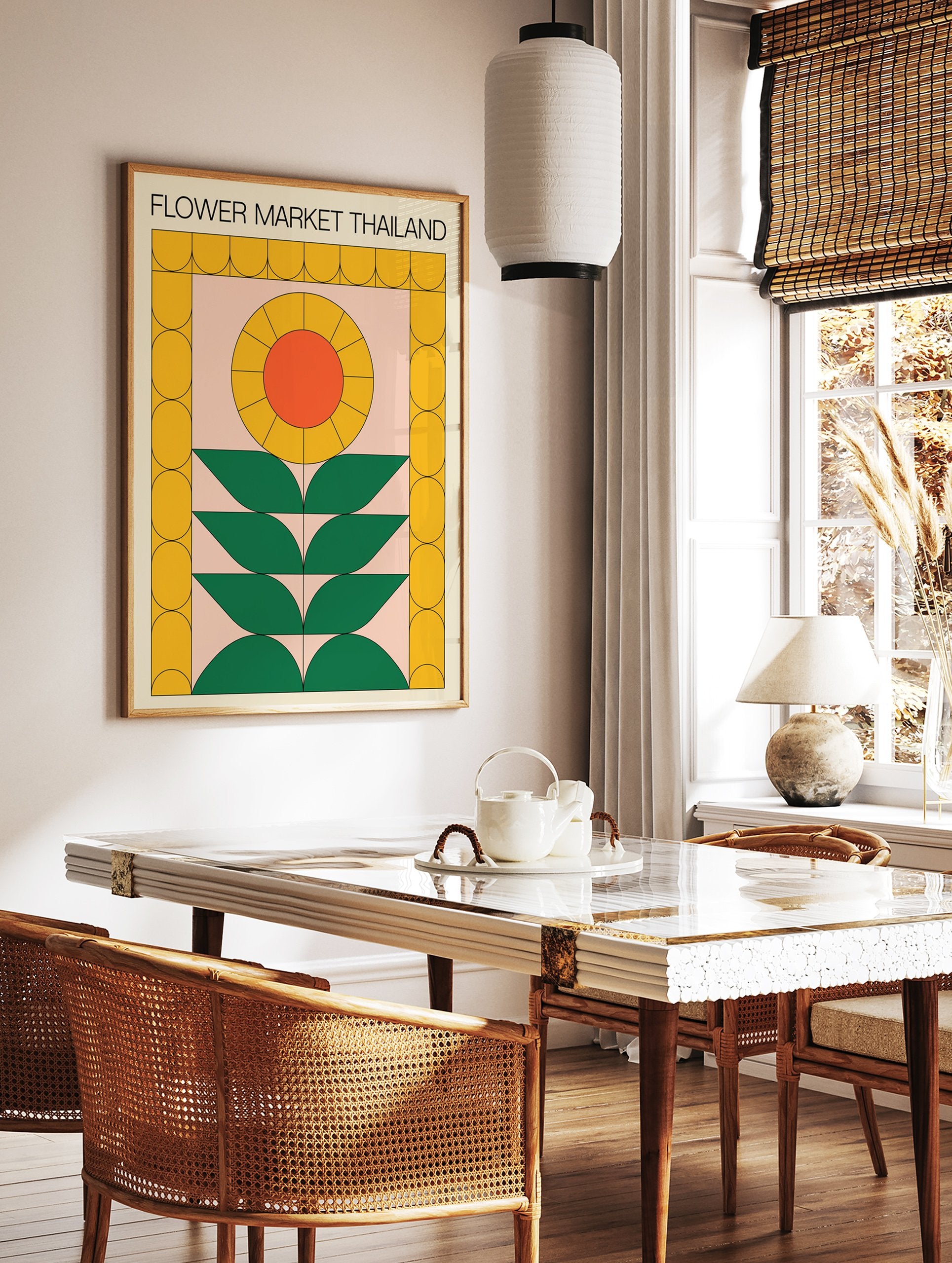 Flower Market Thailand poster with a retro geometric design featuring a yellow and orange sunflower and green leaves on a pink background. - Image 2