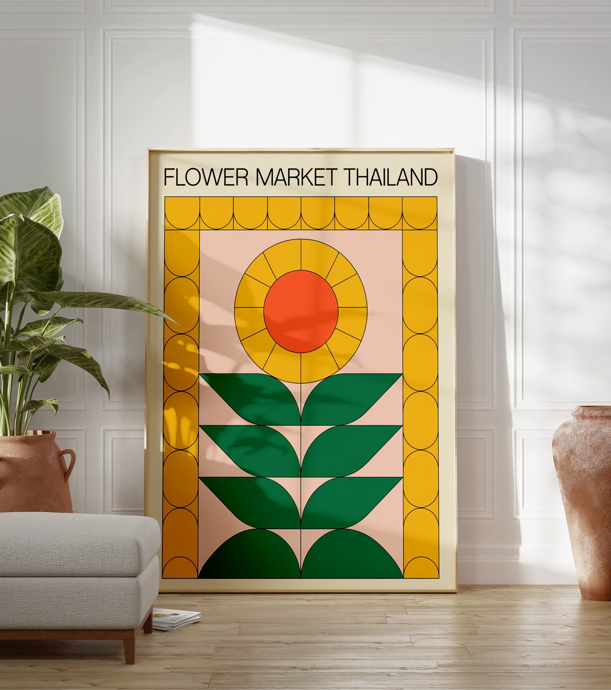 Flower Market Thailand poster with a retro geometric design featuring a yellow and orange sunflower and green leaves on a pink background. - Image 3