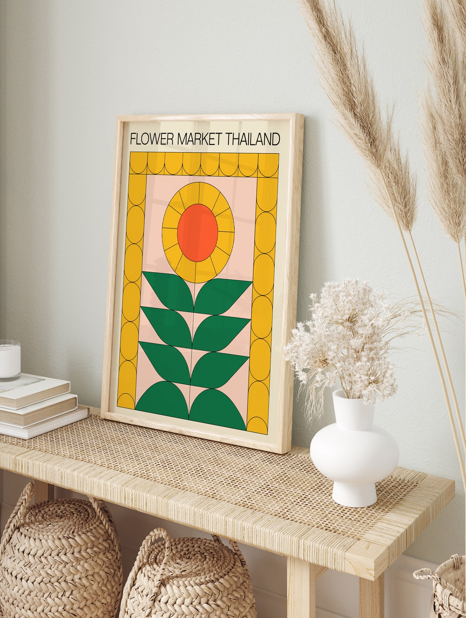 Flower Market Thailand poster with a retro geometric design featuring a yellow and orange sunflower and green leaves on a pink background. - Image 4