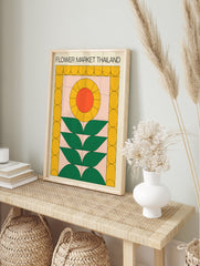 Flower Market Thailand poster with a retro geometric design featuring a yellow and orange sunflower and green leaves on a pink background. - Image 4