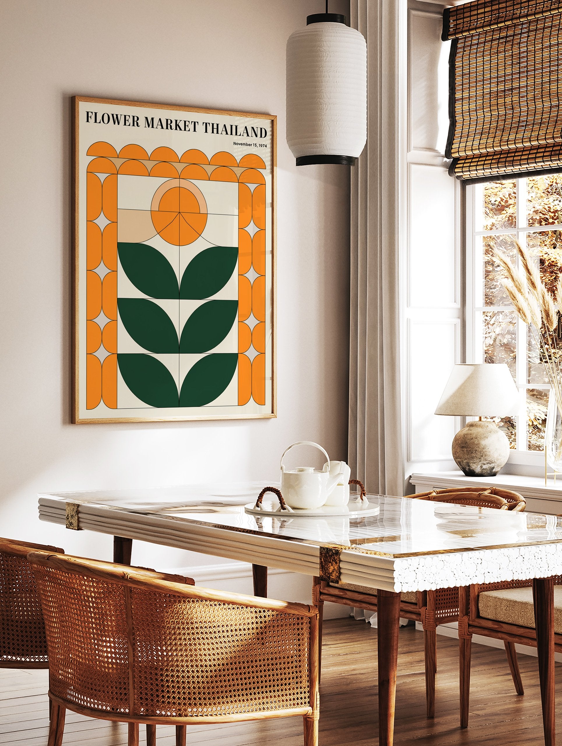 Flower Market Thailand poster featuring a retro geometric botanical design in orange, green, and beige, with date November 15, 1974. - Image 2