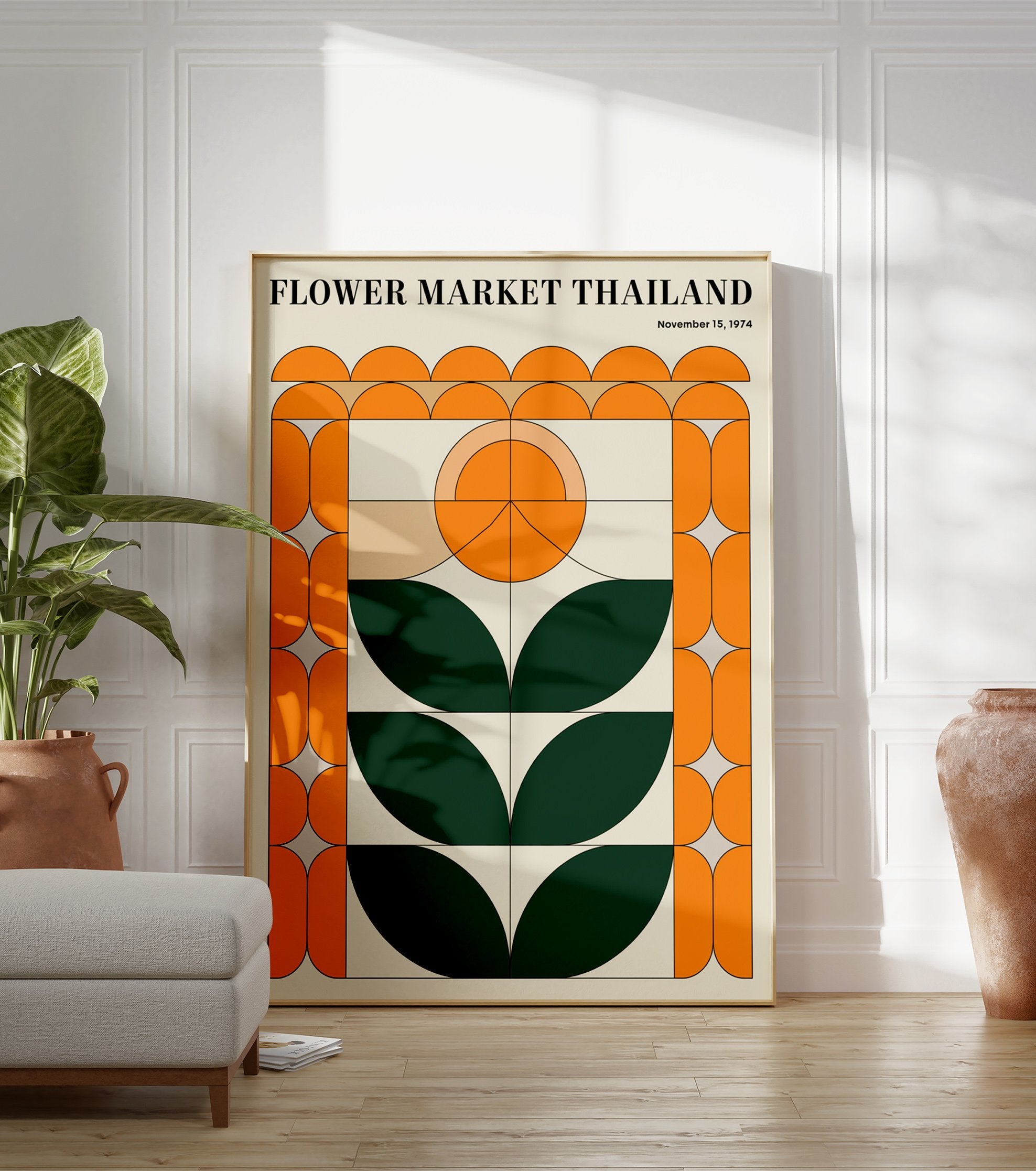 Flower Market Thailand poster featuring a retro geometric botanical design in orange, green, and beige, with date November 15, 1974. - Image 3