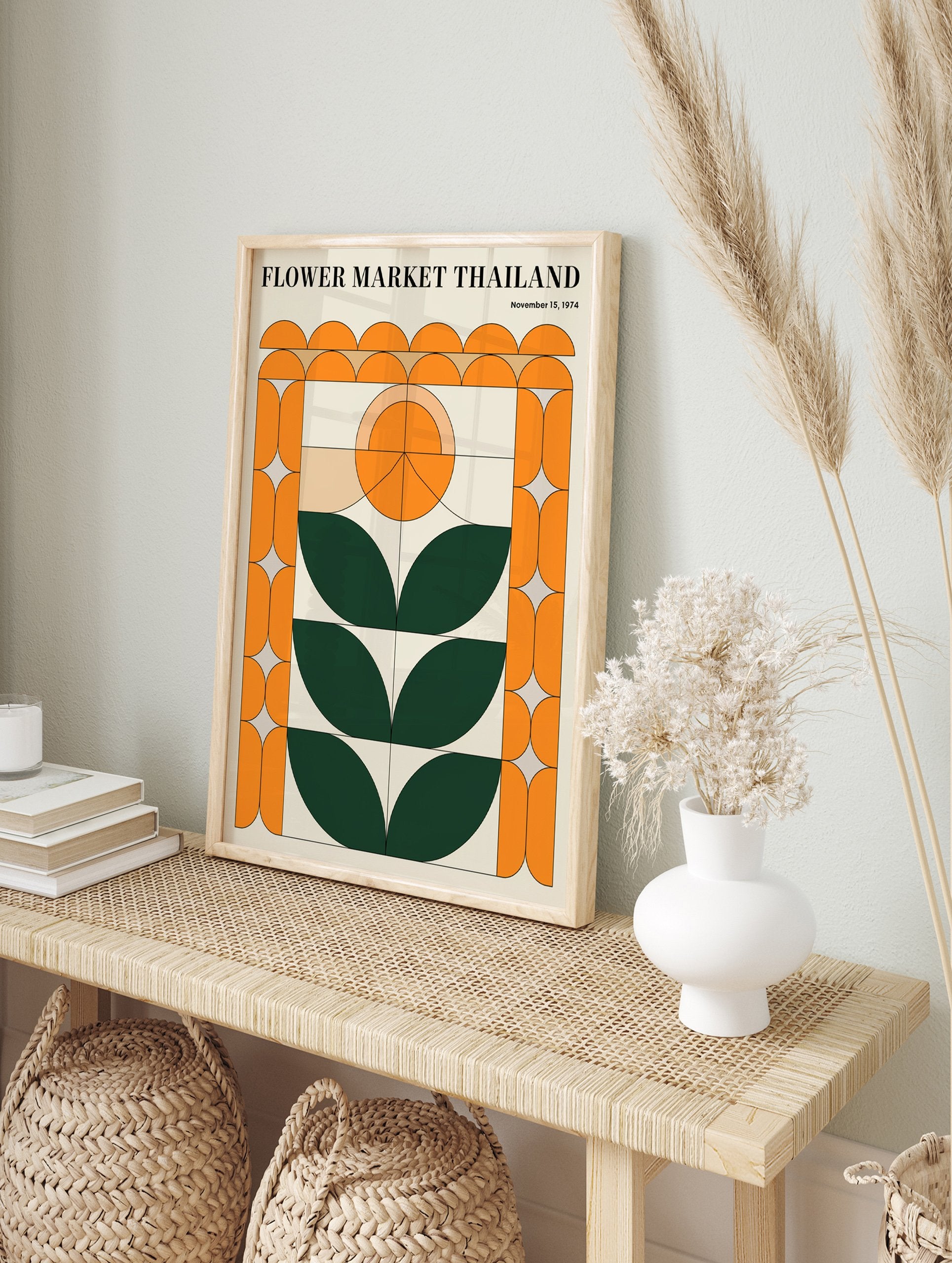 Flower Market Thailand poster featuring a retro geometric botanical design in orange, green, and beige, with date November 15, 1974. - Image 4