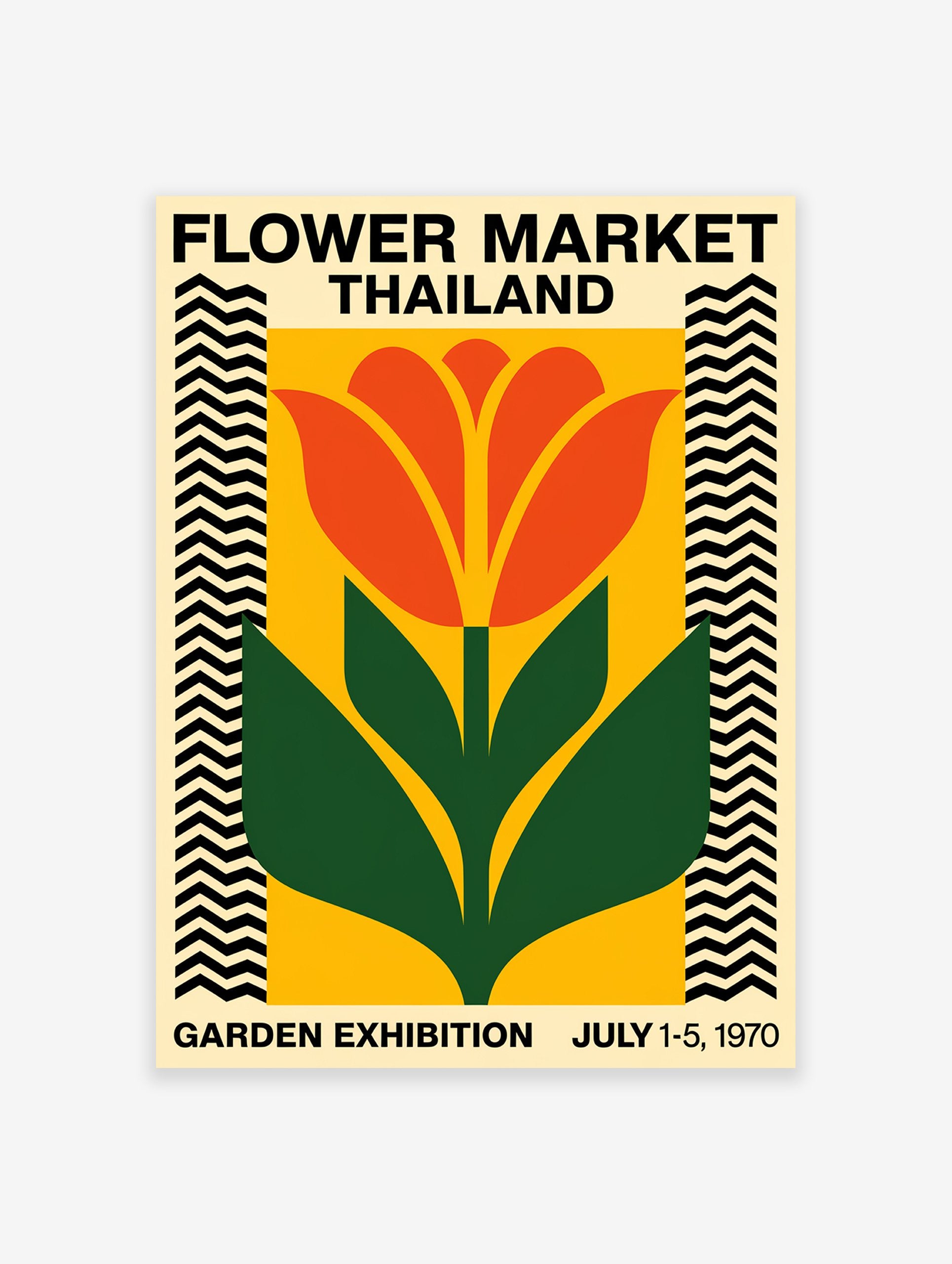 Flower Market Thailand poster with a vintage illustration of an orange flower and green leaves on a yellow background with zig-zag borders.