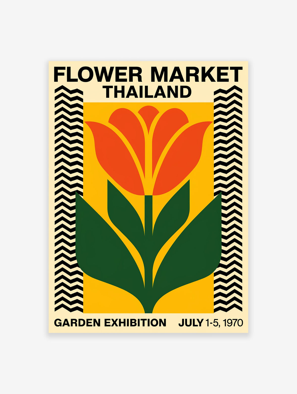 Flower Market Thailand poster with a vintage illustration of an orange flower and green leaves on a yellow background with zig-zag borders.
