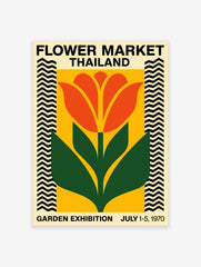 Flower Market Thailand poster with a vintage illustration of an orange flower and green leaves on a yellow background with zig-zag borders.