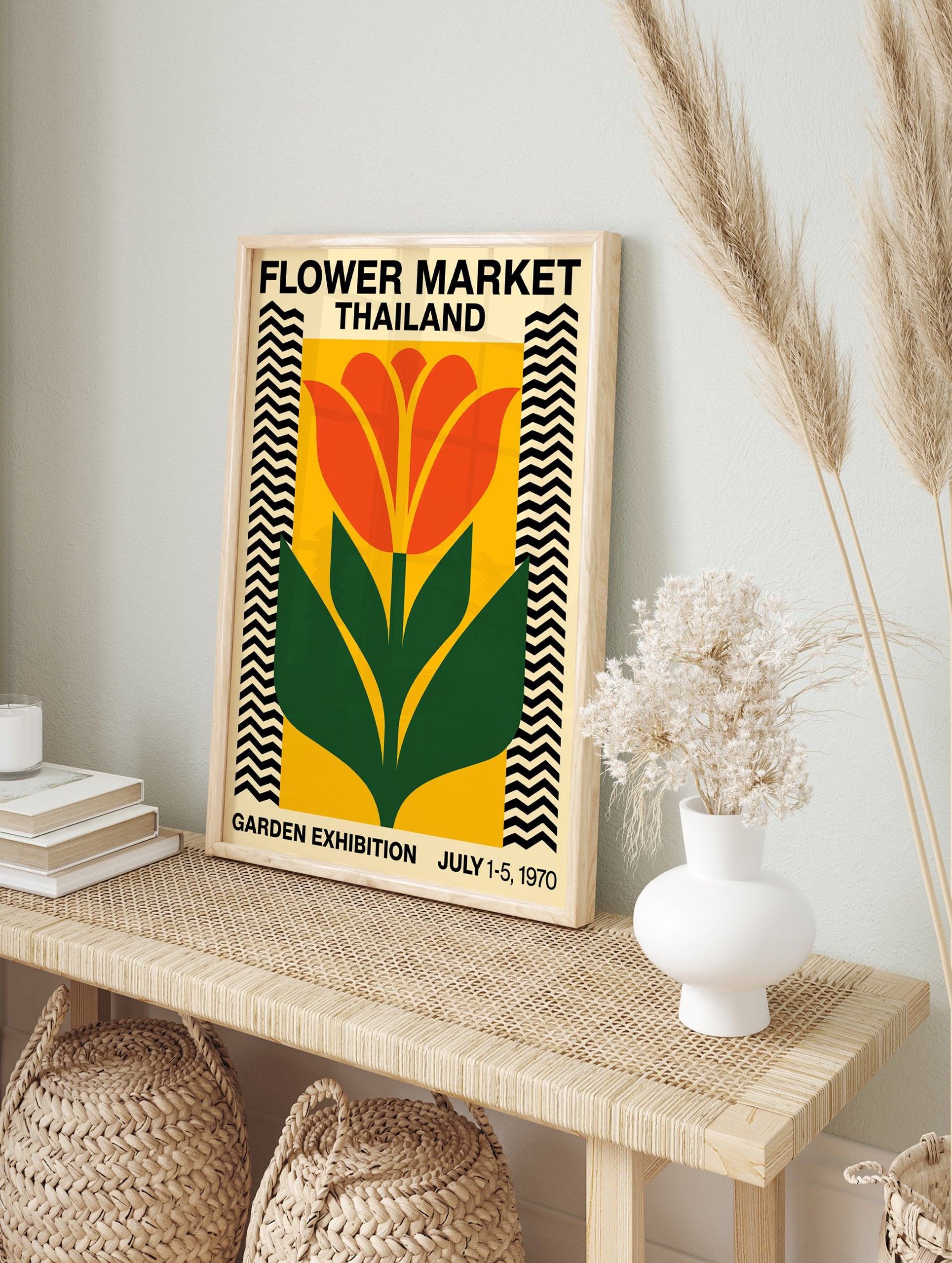 Flower Market Thailand poster with a vintage illustration of an orange flower and green leaves on a yellow background with zig-zag borders. - Image 4