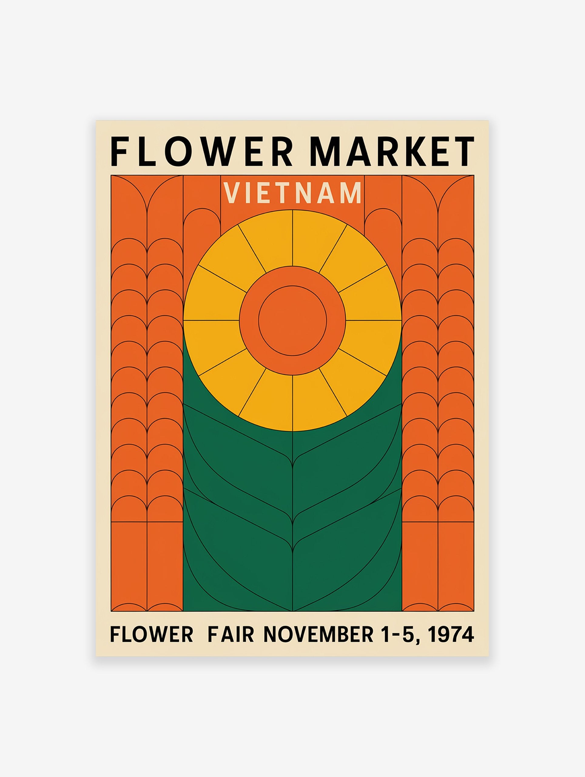 Flower Market Vietnam poster featuring a geometric yellow and orange flower design with green leaves on a beige background.