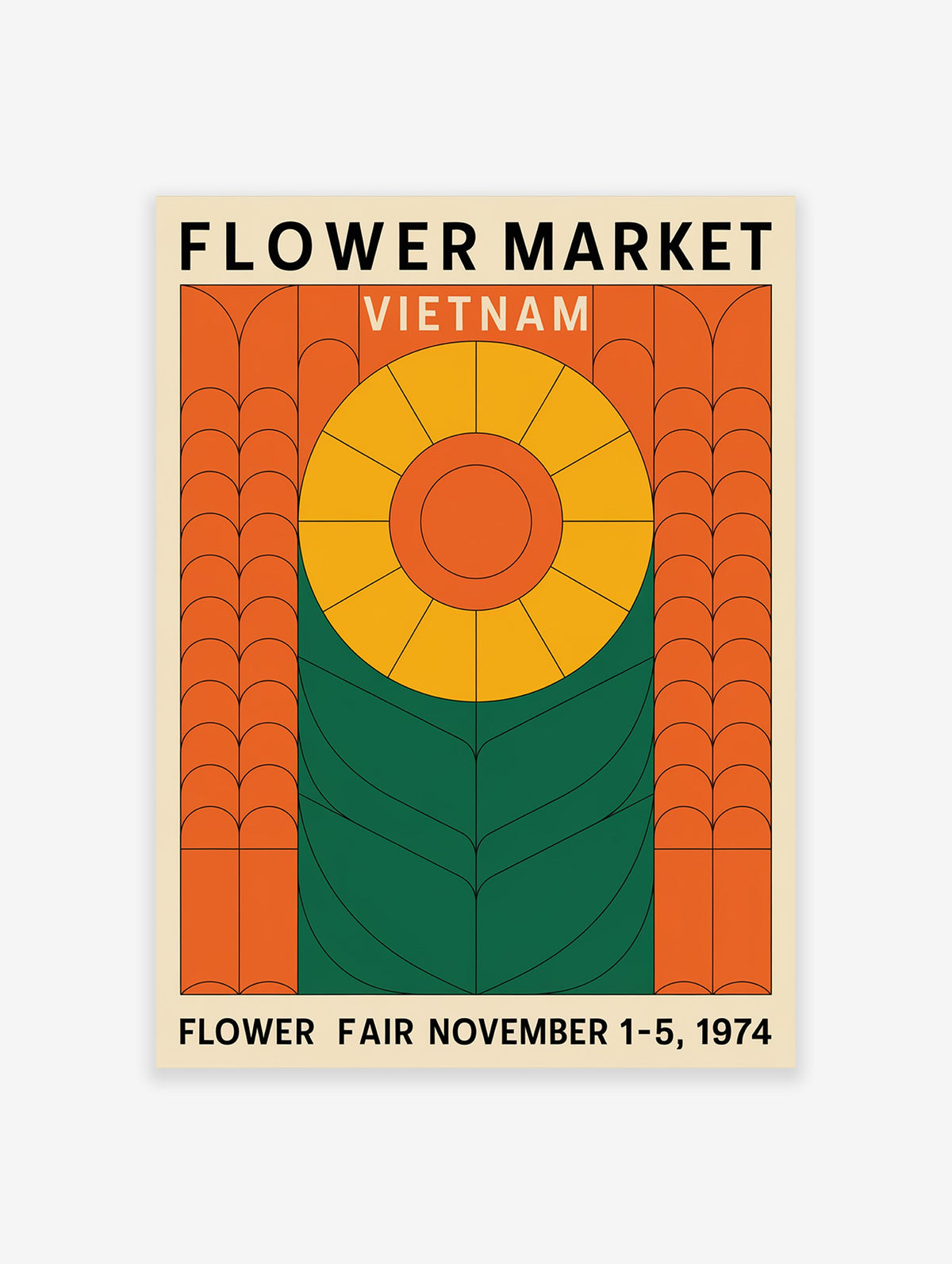 Flower Market Vietnam poster featuring a geometric yellow and orange flower design with green leaves on a beige background.