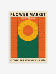 Flower Market Vietnam poster featuring a geometric yellow and orange flower design with green leaves on a beige background.