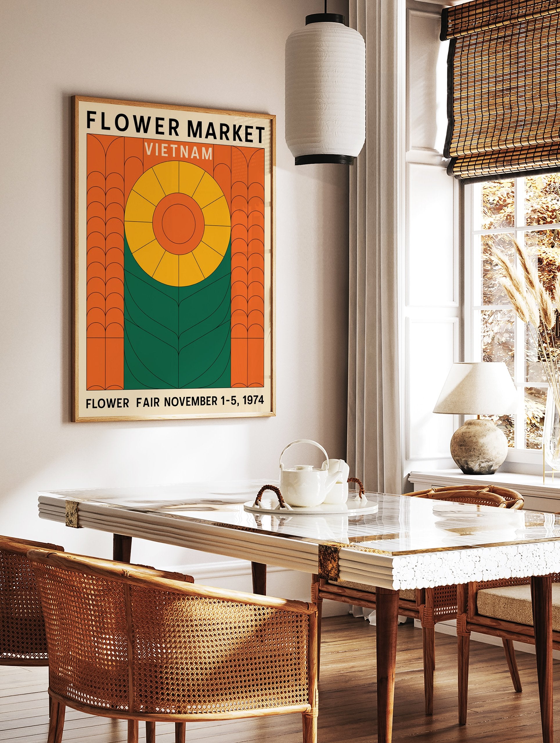 Flower Market Vietnam poster featuring a geometric yellow and orange flower design with green leaves on a beige background. - Image 2