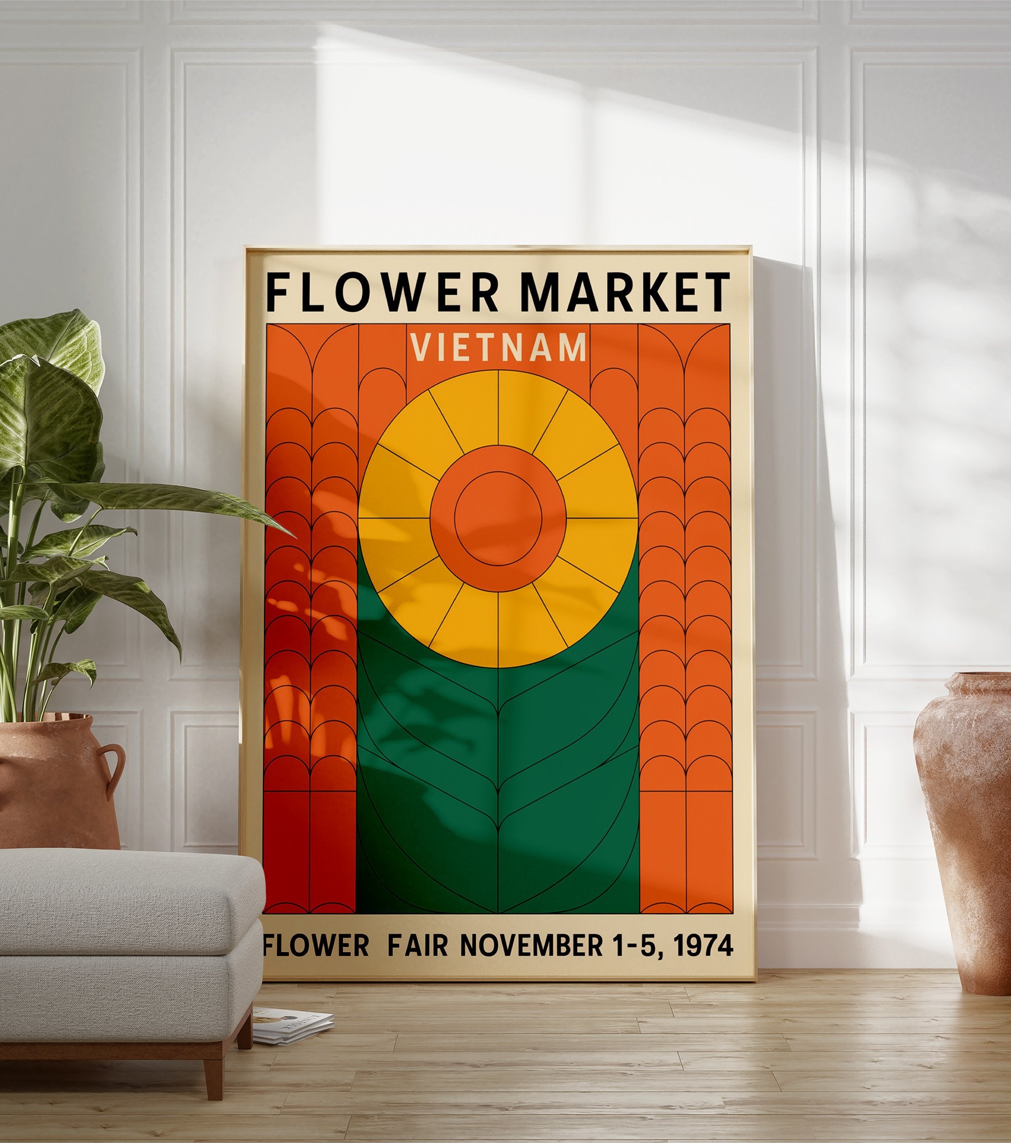 Flower Market Vietnam poster featuring a geometric yellow and orange flower design with green leaves on a beige background. - Image 3