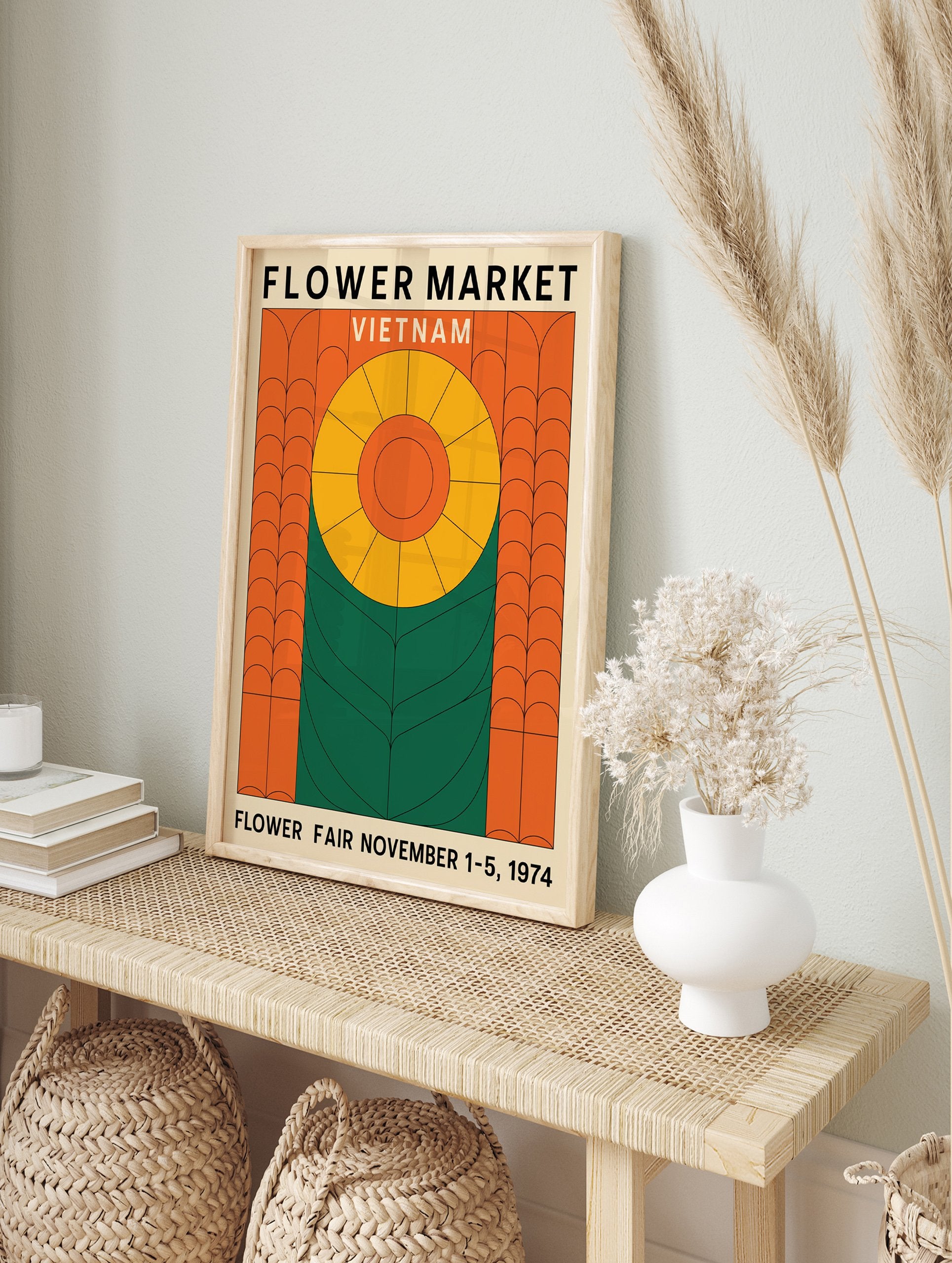 Flower Market Vietnam poster featuring a geometric yellow and orange flower design with green leaves on a beige background. - Image 4