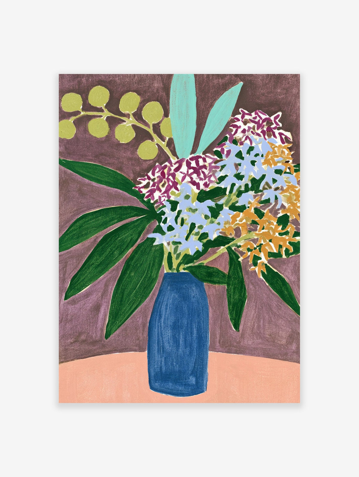 Botanical floral wall art print featuring a bouquet of blue, orange, and purple flowers in a blue vase on a plum background