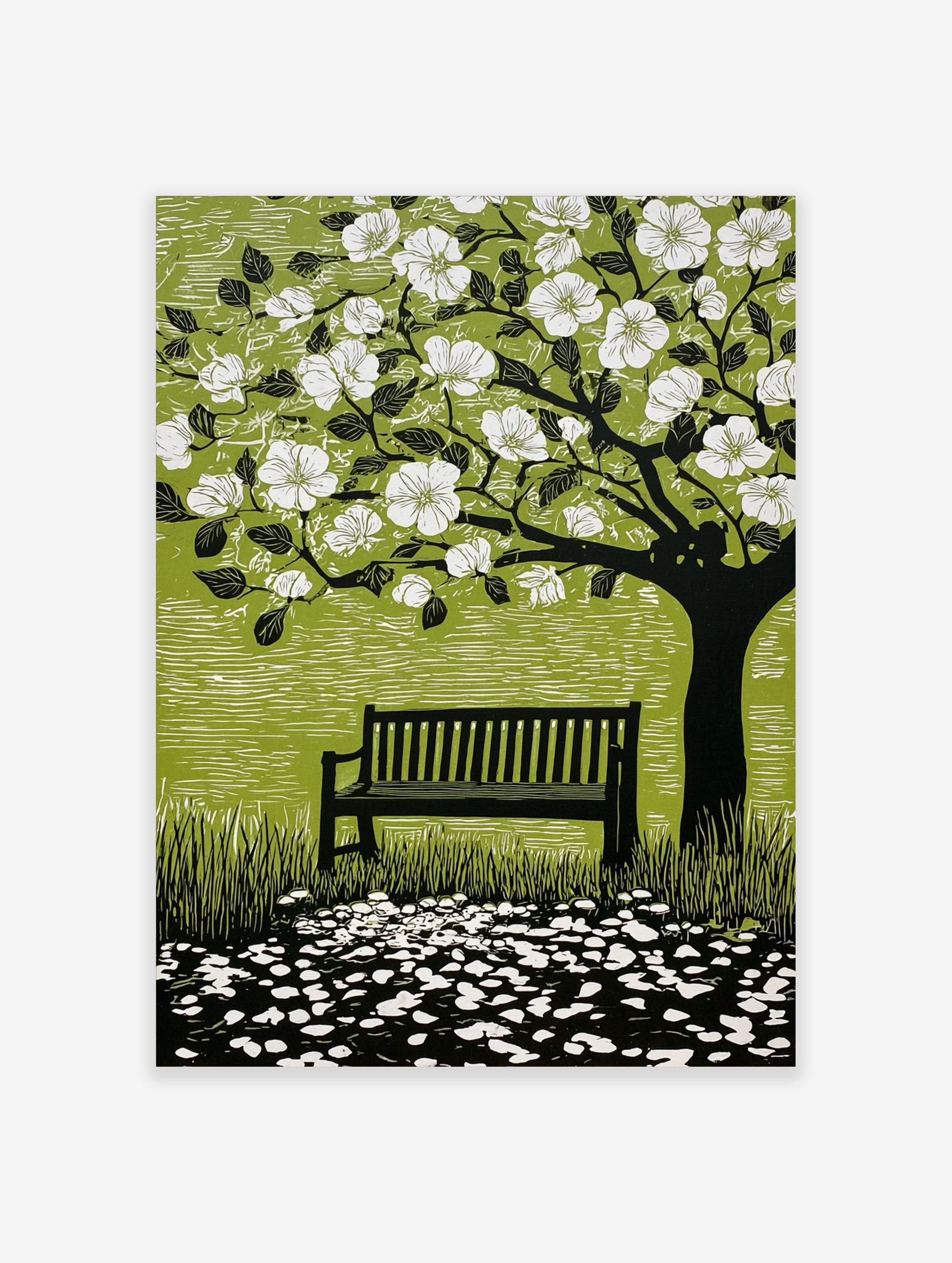 Linocut style print of a flowering tree with white blossoms, a dark bench, and scattered petals on green
