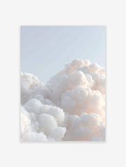 Close-up of fluffy white and pale orange clouds against a light blue sky, creating a serene cloudscape art print