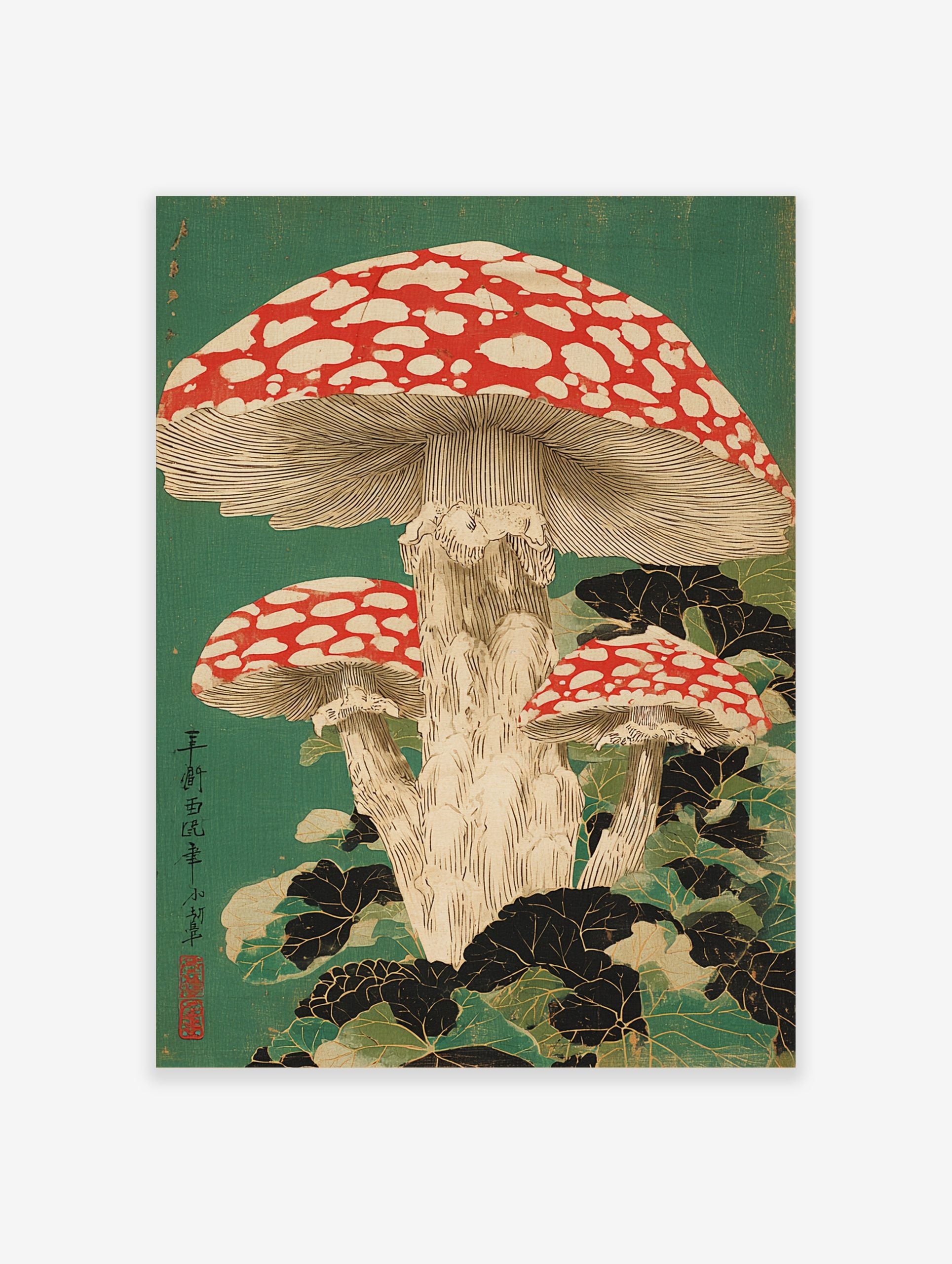 Japanese woodblock print of three red and white spotted fly agaric mushrooms with dark green leaves on a green background