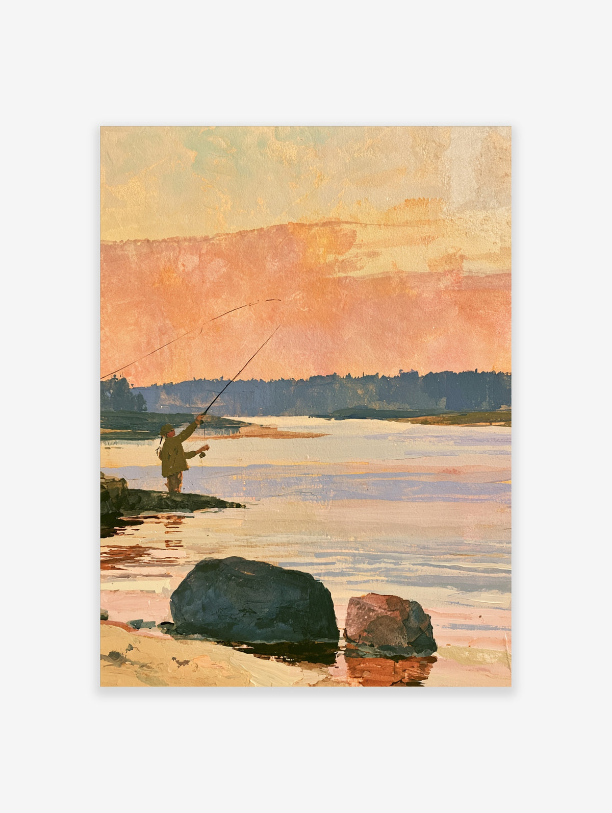 Fly fishing sunset art print with angler casting into a river below pine trees and an orange sky