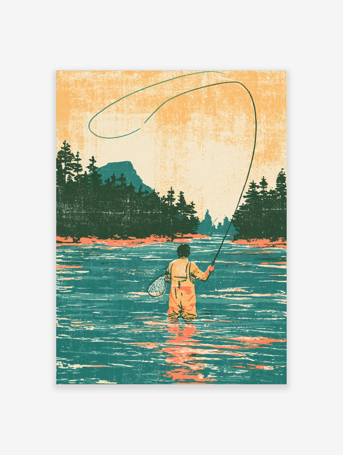 Retro fly fishing art print of an angler casting in a teal river with pine trees and peach sky