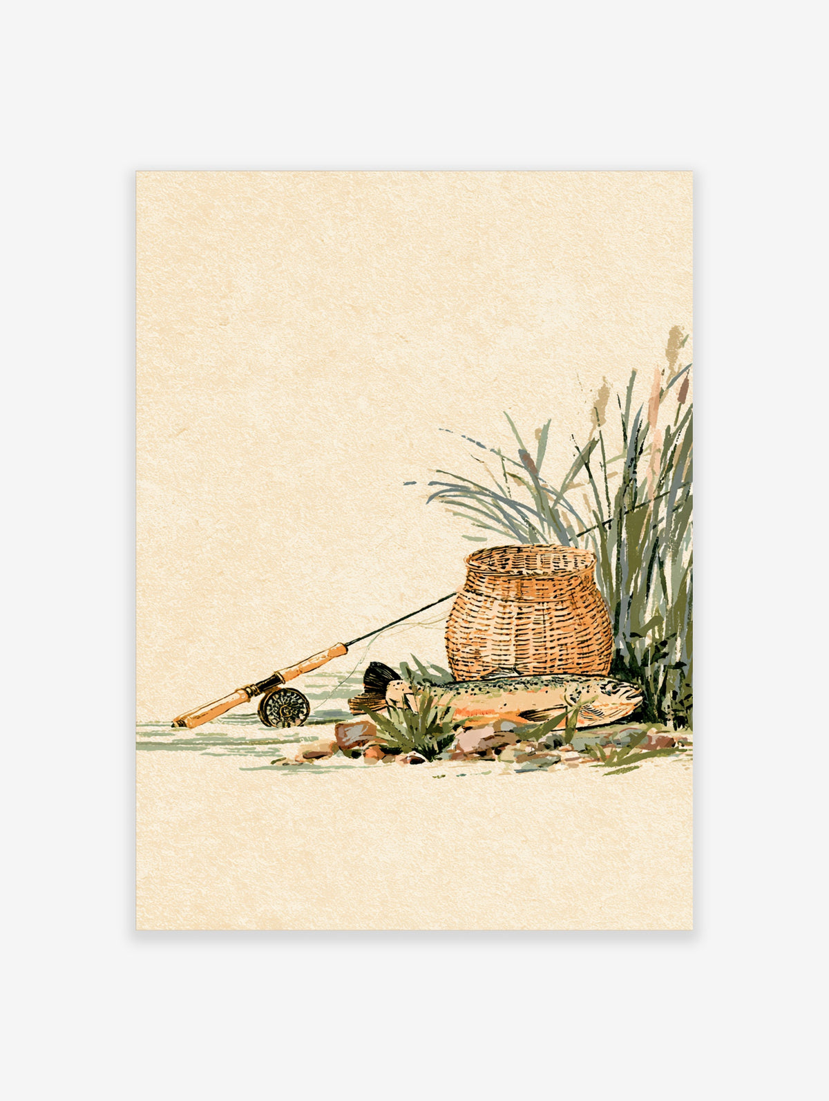Fly fishing art print with brown trout, woven creel, rod and reeds on a sandy bank