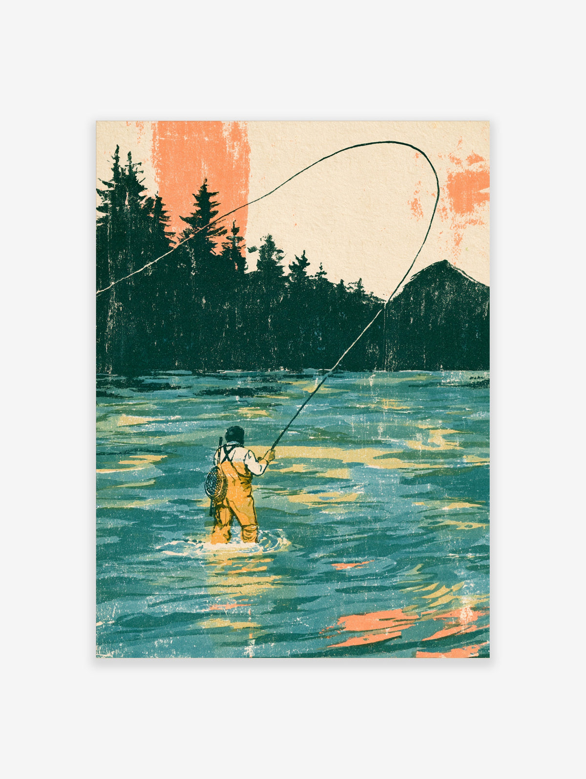 Fly fishing art print of an angler casting into a teal river with pine trees and coral sky