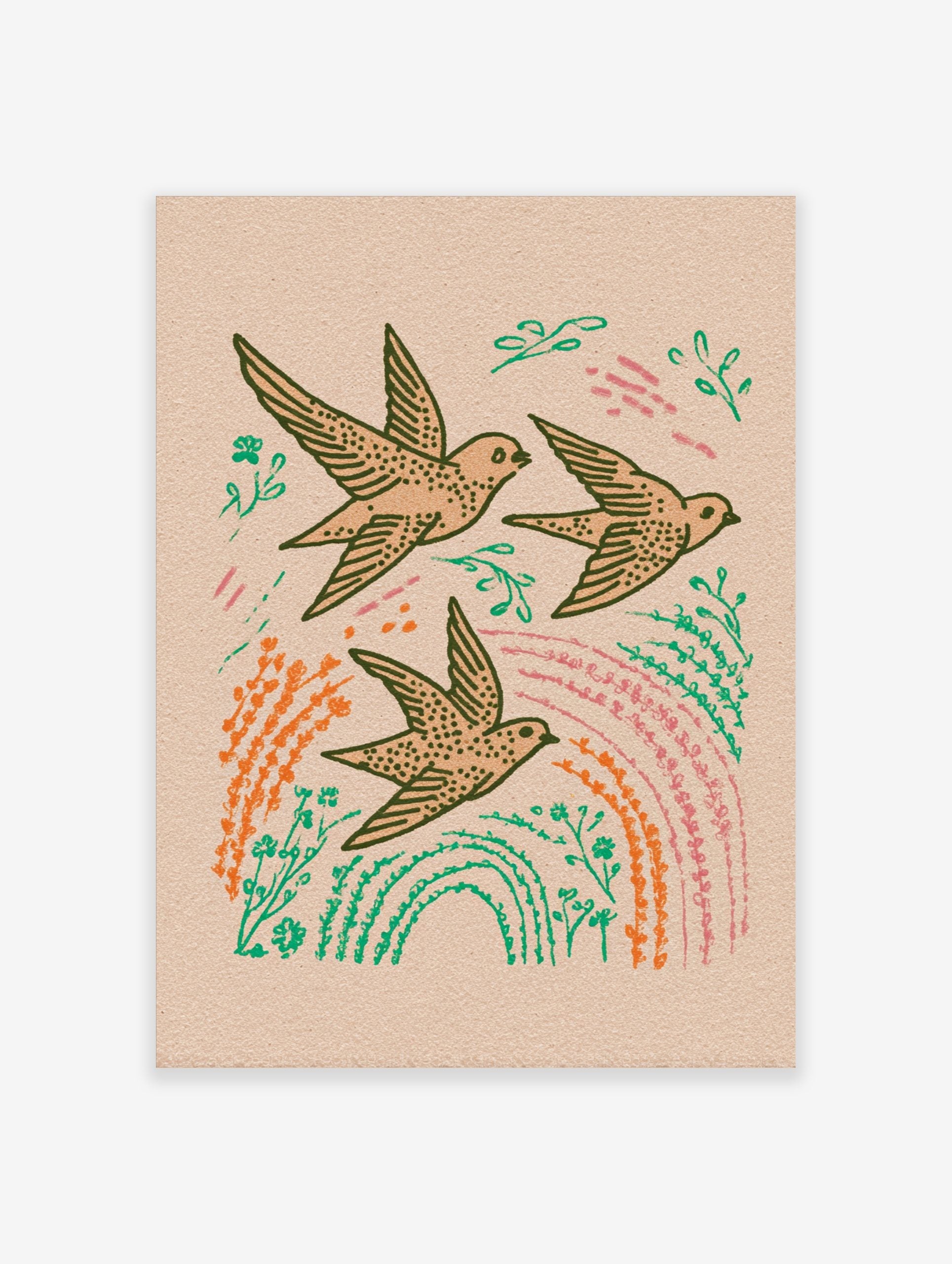 Illustrative print of three flying swallows with green leaves, orange plants, and pink streaks on beige background