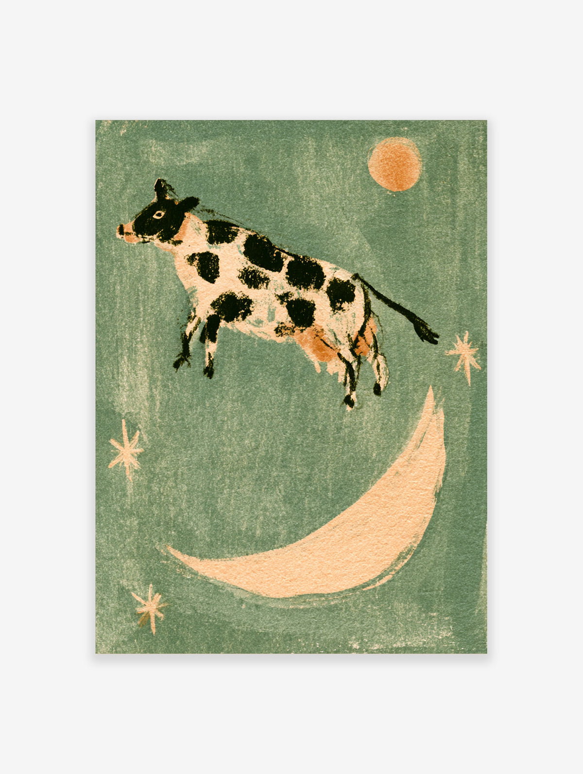 Flying cow with black spots leaping over a crescent moon and stars on a green background, whimsical poster