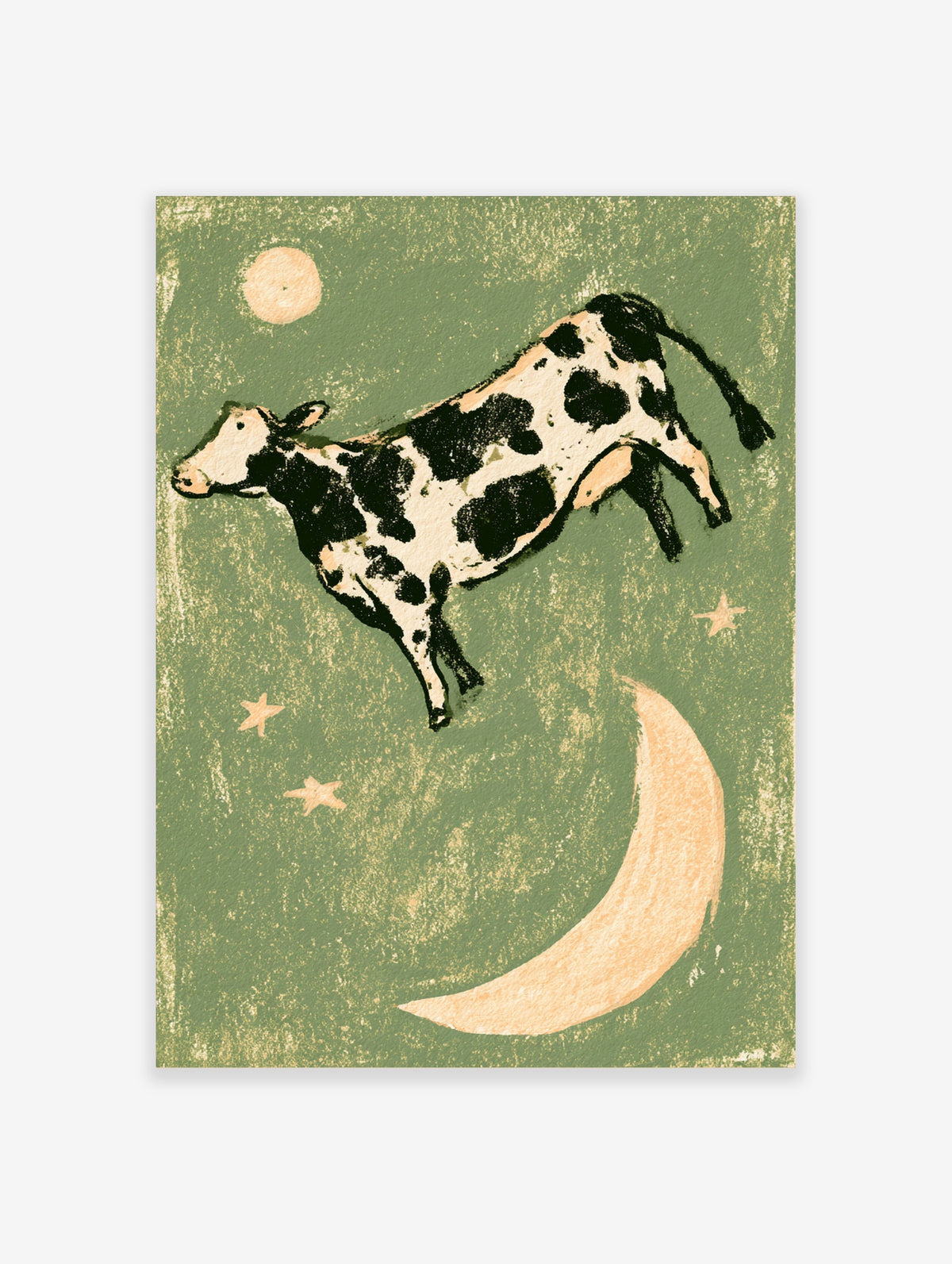 Flying cow art print with black spots leaping over a cream crescent moon and stars on a green background