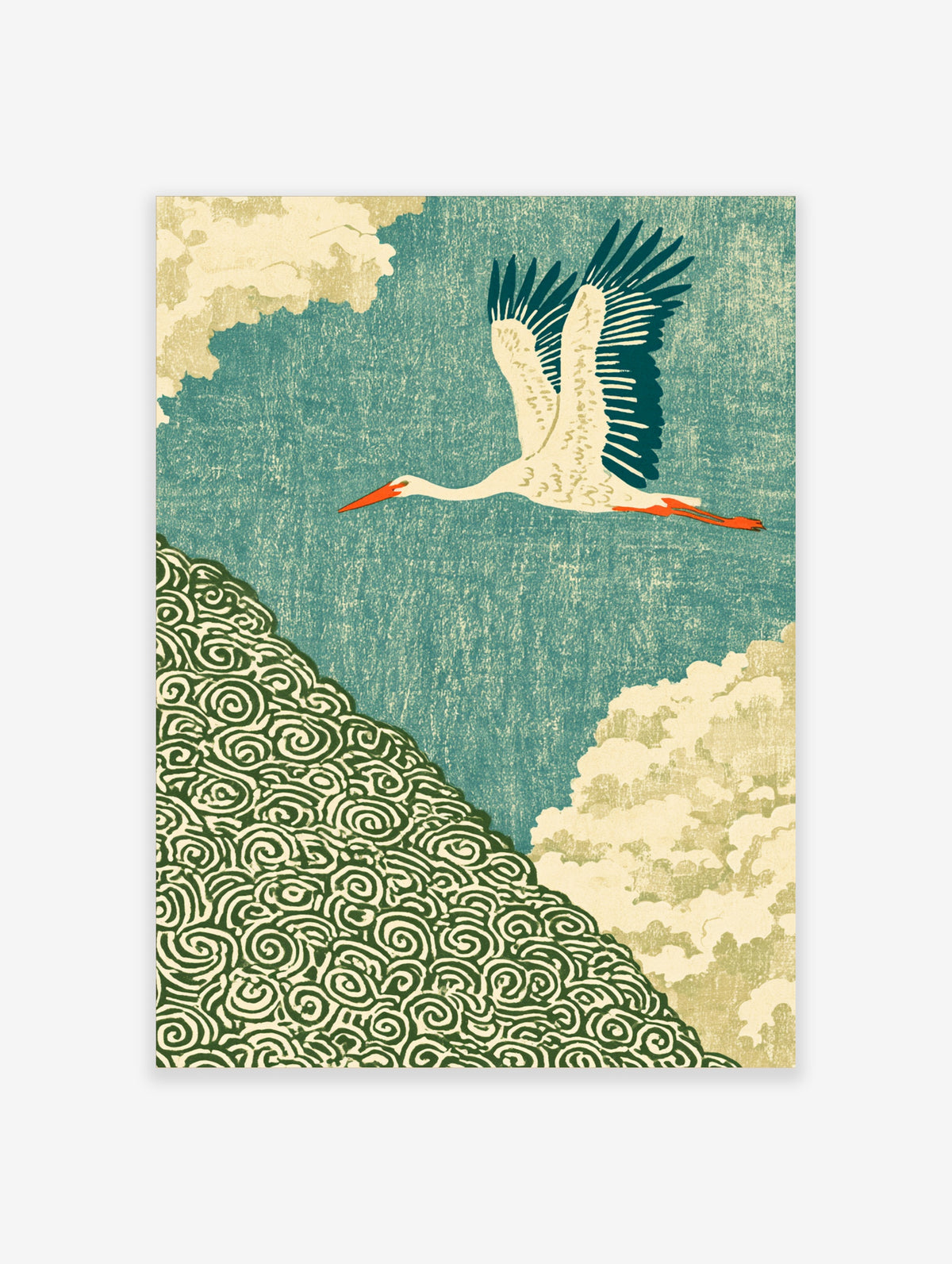 Flying crane poster with teal wings and orange beak above green swirl clouds