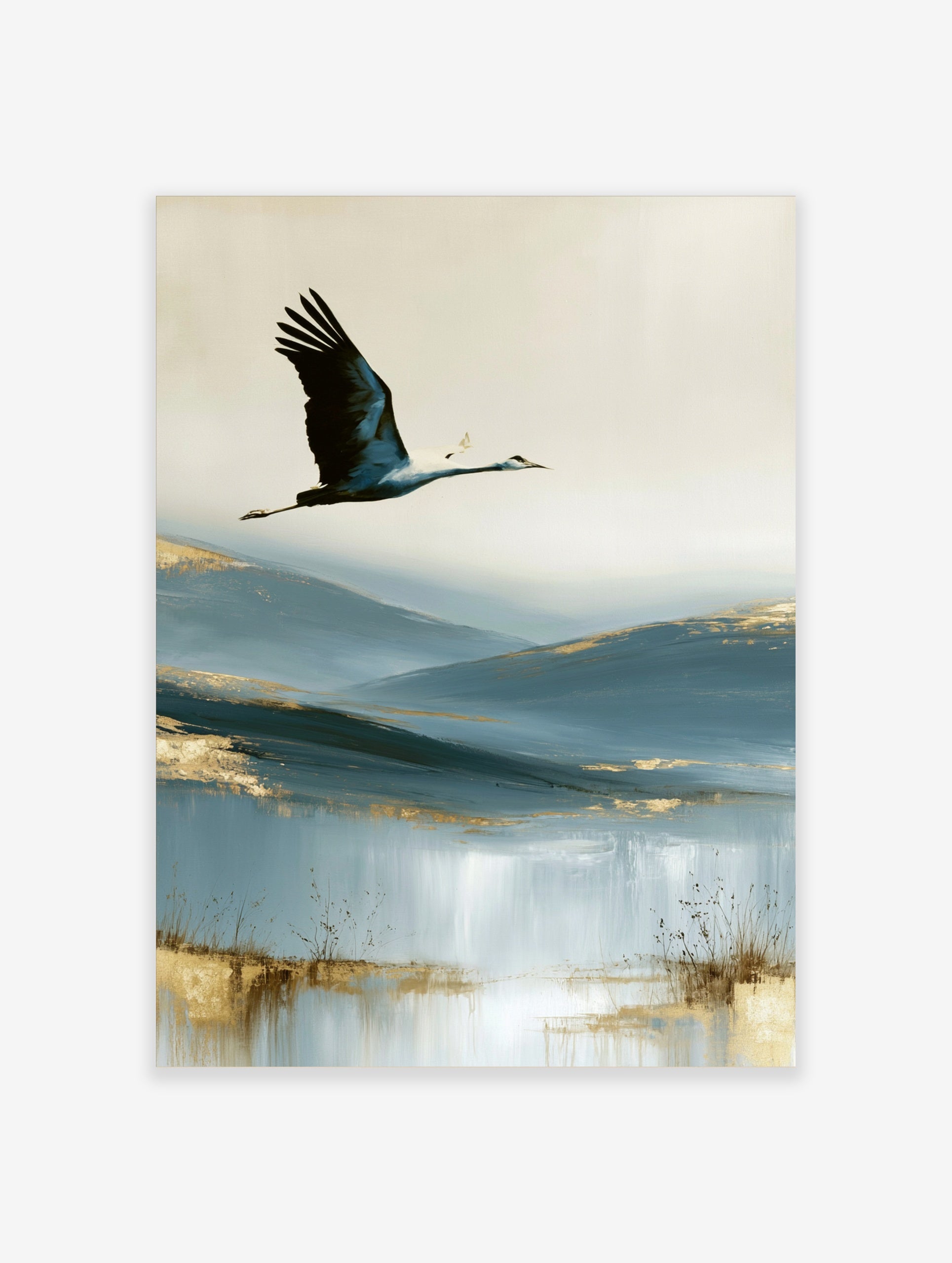 A crane in flight over abstract blue hills with golden accents, an artistic wall art print on paper