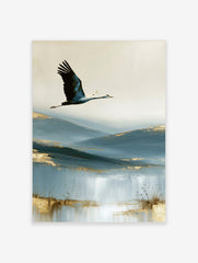 A crane in flight over abstract blue hills with golden accents, an artistic wall art print on paper