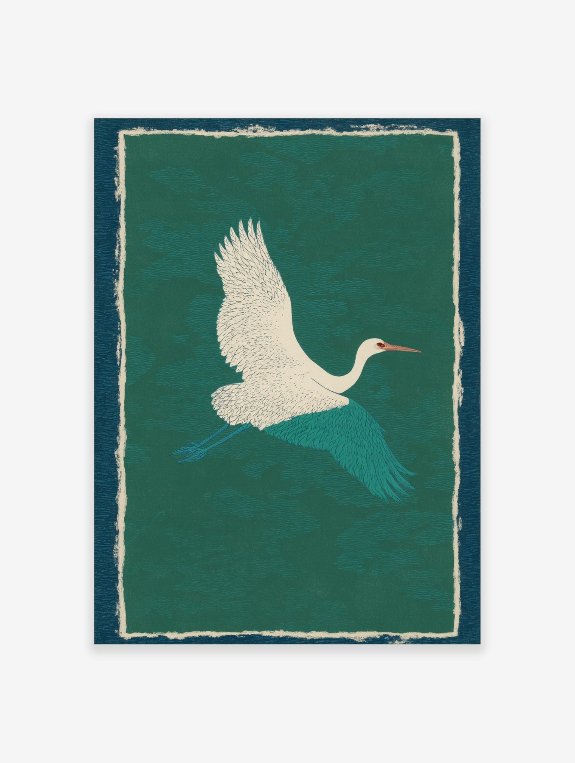 White crane with teal wings flying against a textured green background, framed by cream and blue borders