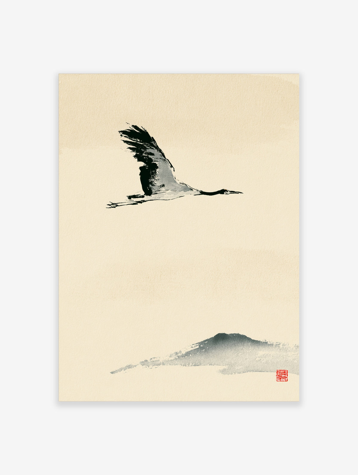 Flying crane in black ink wash above a grey mountain silhouette on cream paper