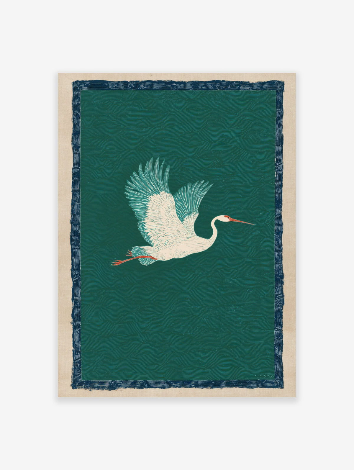 Illustrative white crane flying with spread wings against a teal wavy background and navy border
