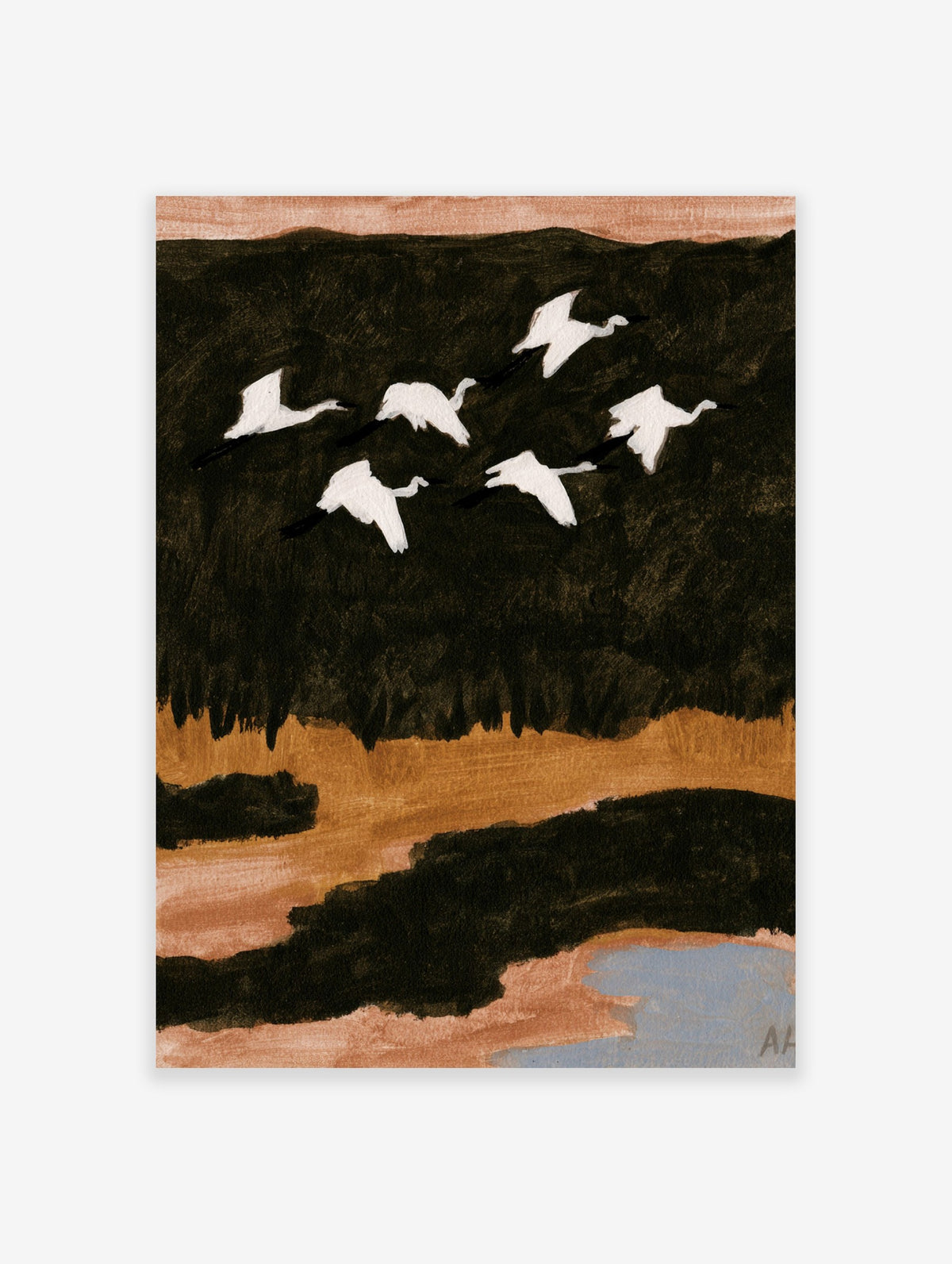 Minimalist white crane flock flying over an earthy landscape, illustrative bird art print on a dark background