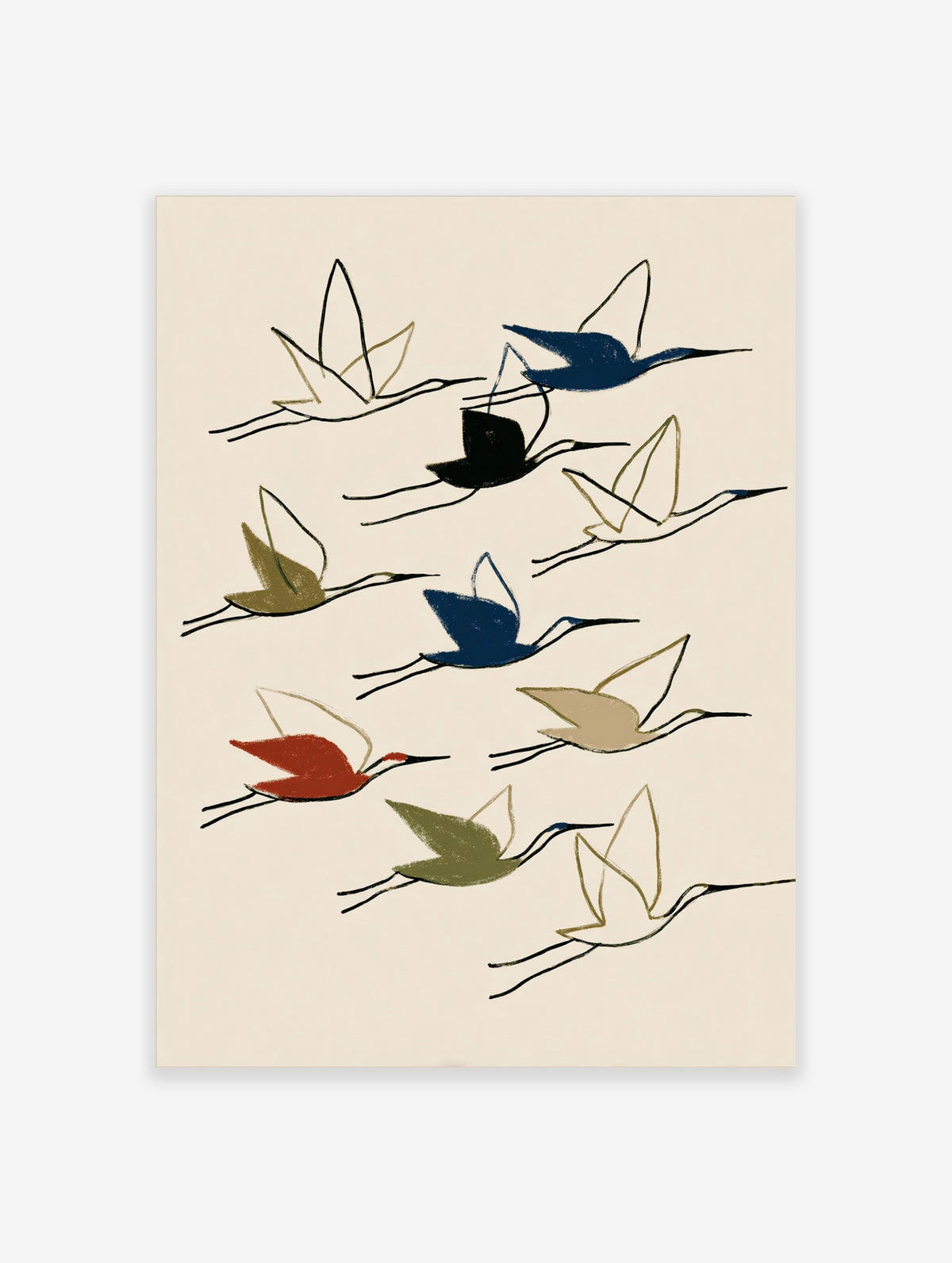 Nine flying cranes in navy, black, red, olive and beige on a cream background, Japanese bird art print