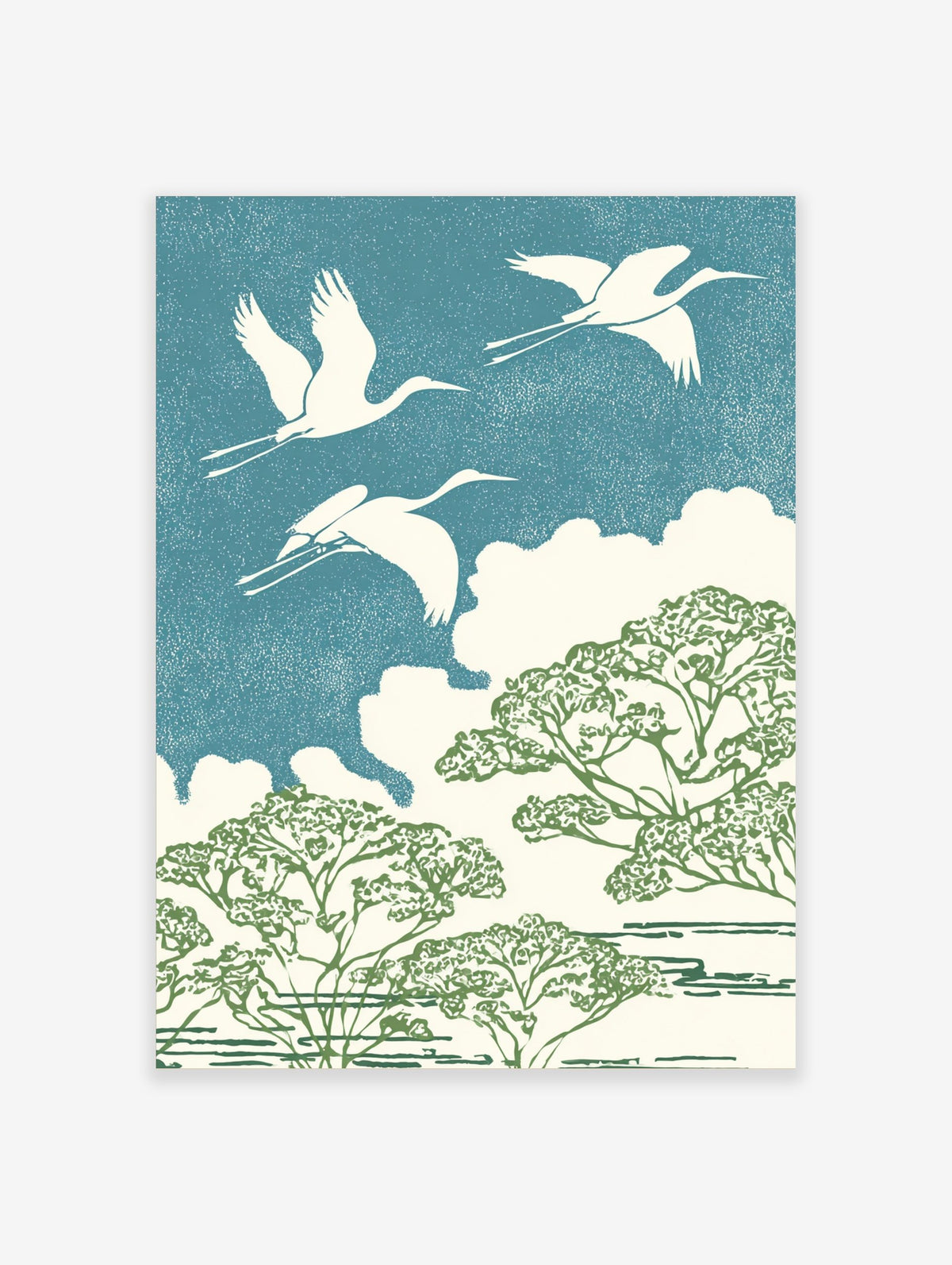 Three white cranes flying over green trees and white clouds against a textured blue sky in an illustrative style