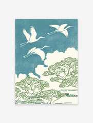 Three white cranes flying over green trees and white clouds against a textured blue sky in an illustrative style