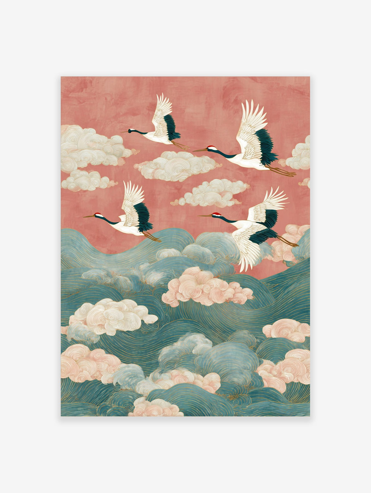 Four white cranes with red crowns fly over teal waves and pink clouds against a coral sky in an illustrative style