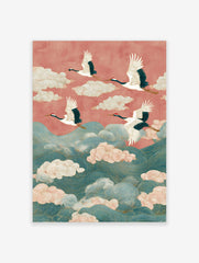 Four white cranes with red crowns fly over teal waves and pink clouds against a coral sky in an illustrative style